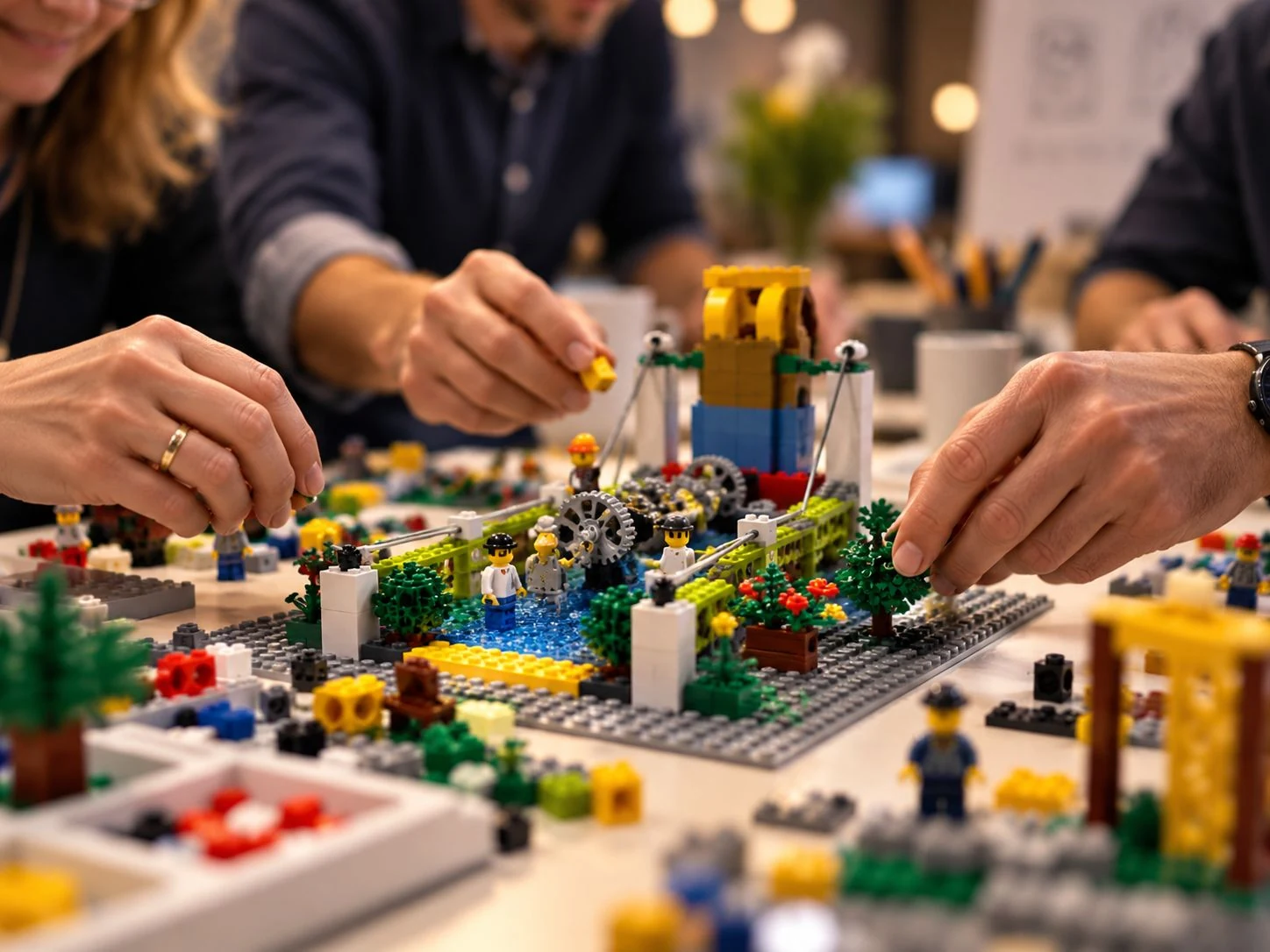 Manos construyen modelos con piezas LEGO sobre una mesa