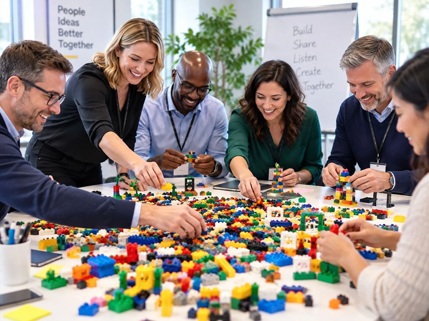Participantes construyen modelos con piezas LEGO durante un taller