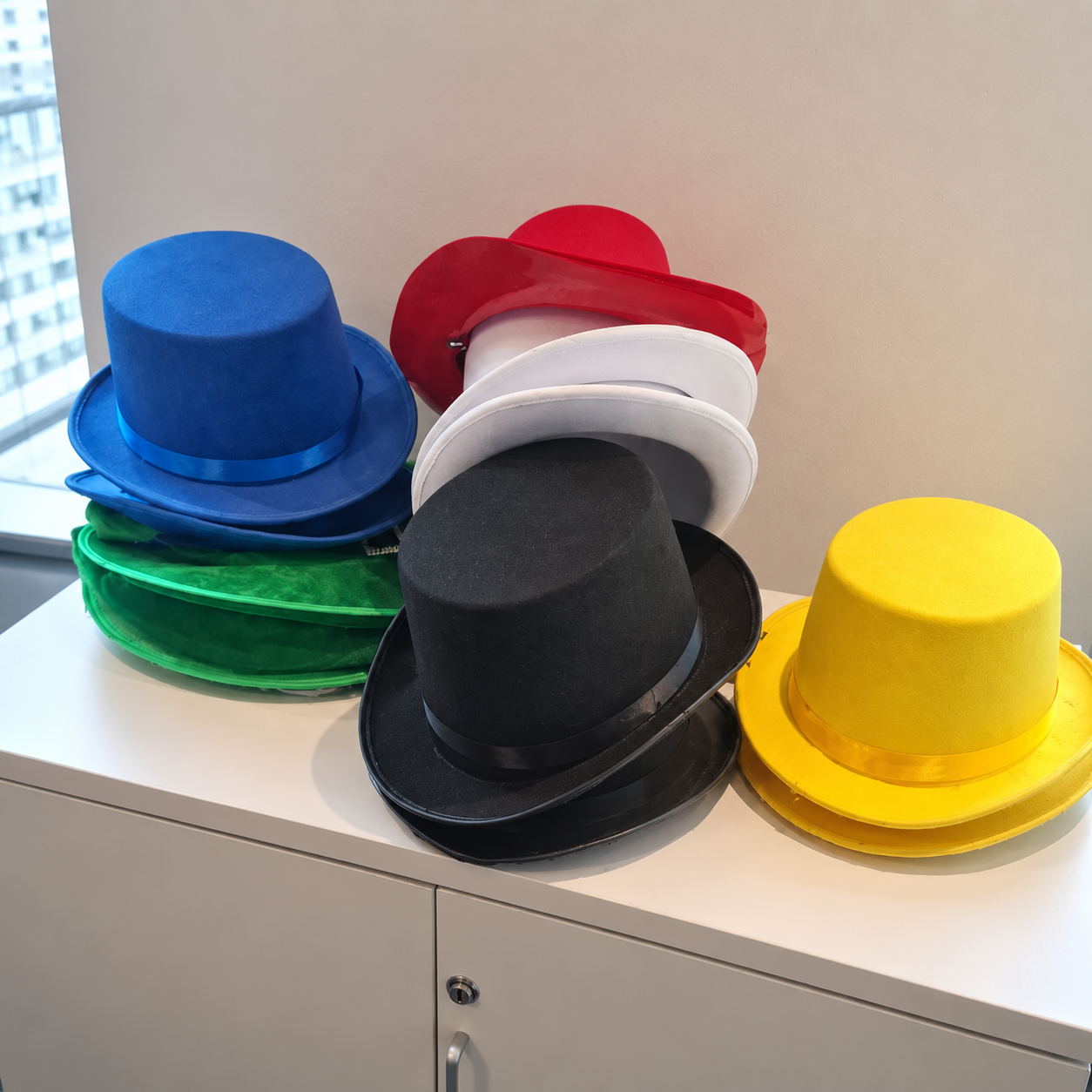 Sombreros blancos, rojos, negros, amarillos, verdes y azules preparados para el taller