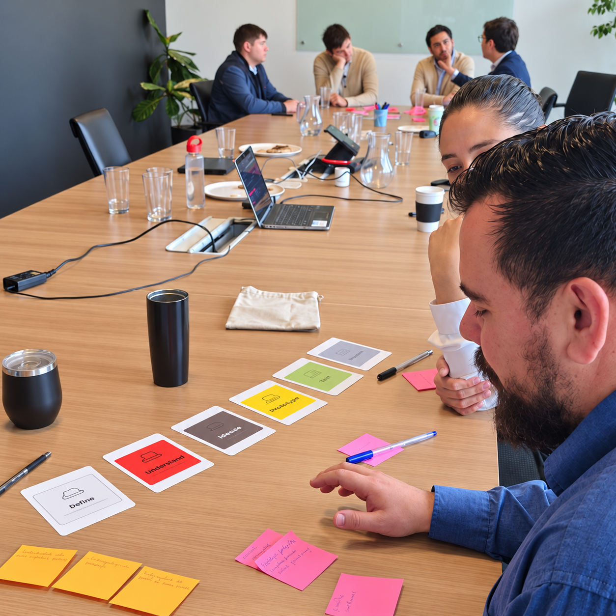 Participantes comparten ideas con tarjetas de colores y notas sobre una mesa de trabajo